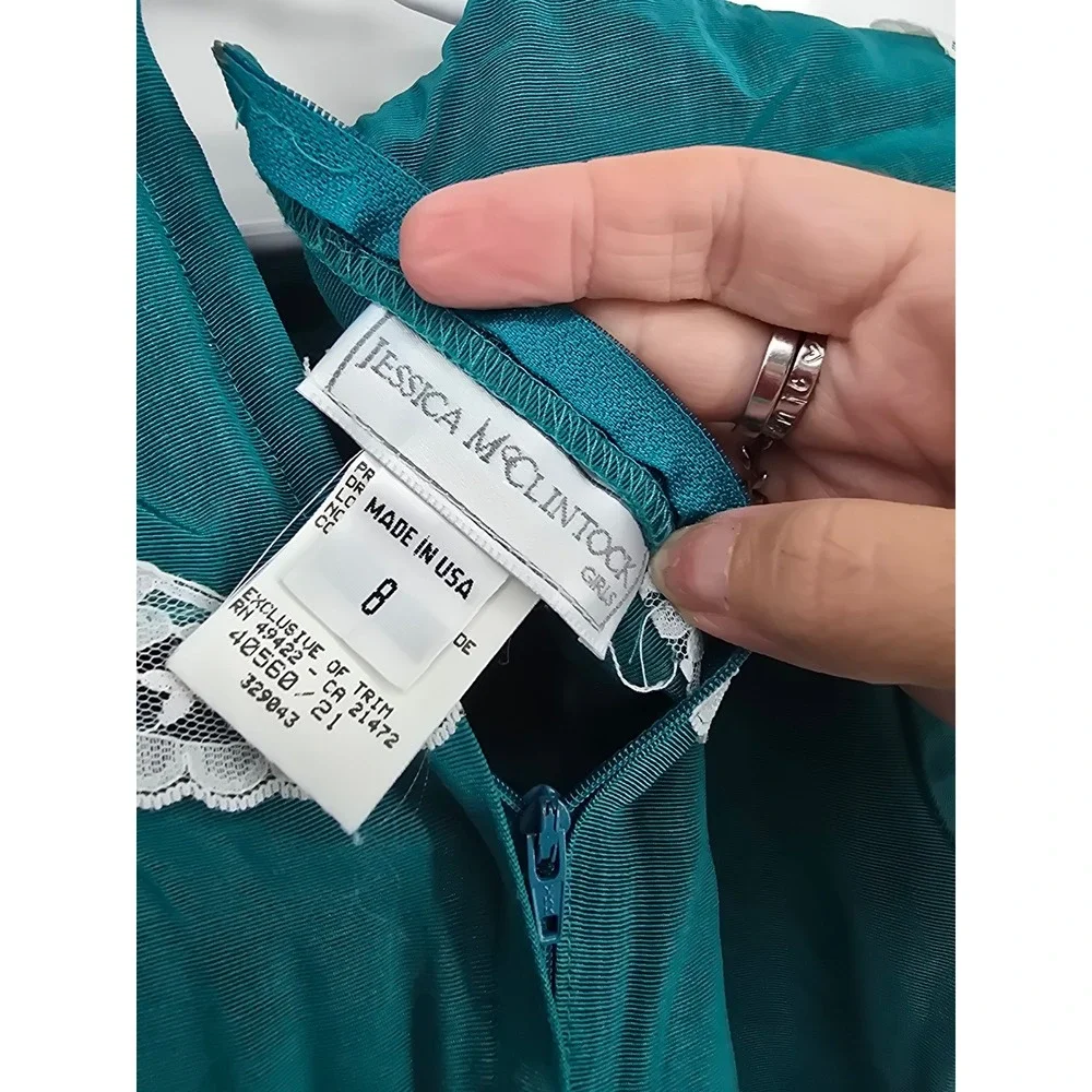 Vintage Jessica McClintock Girls Teal Green Lace Trim Party Dress Size 8 USA